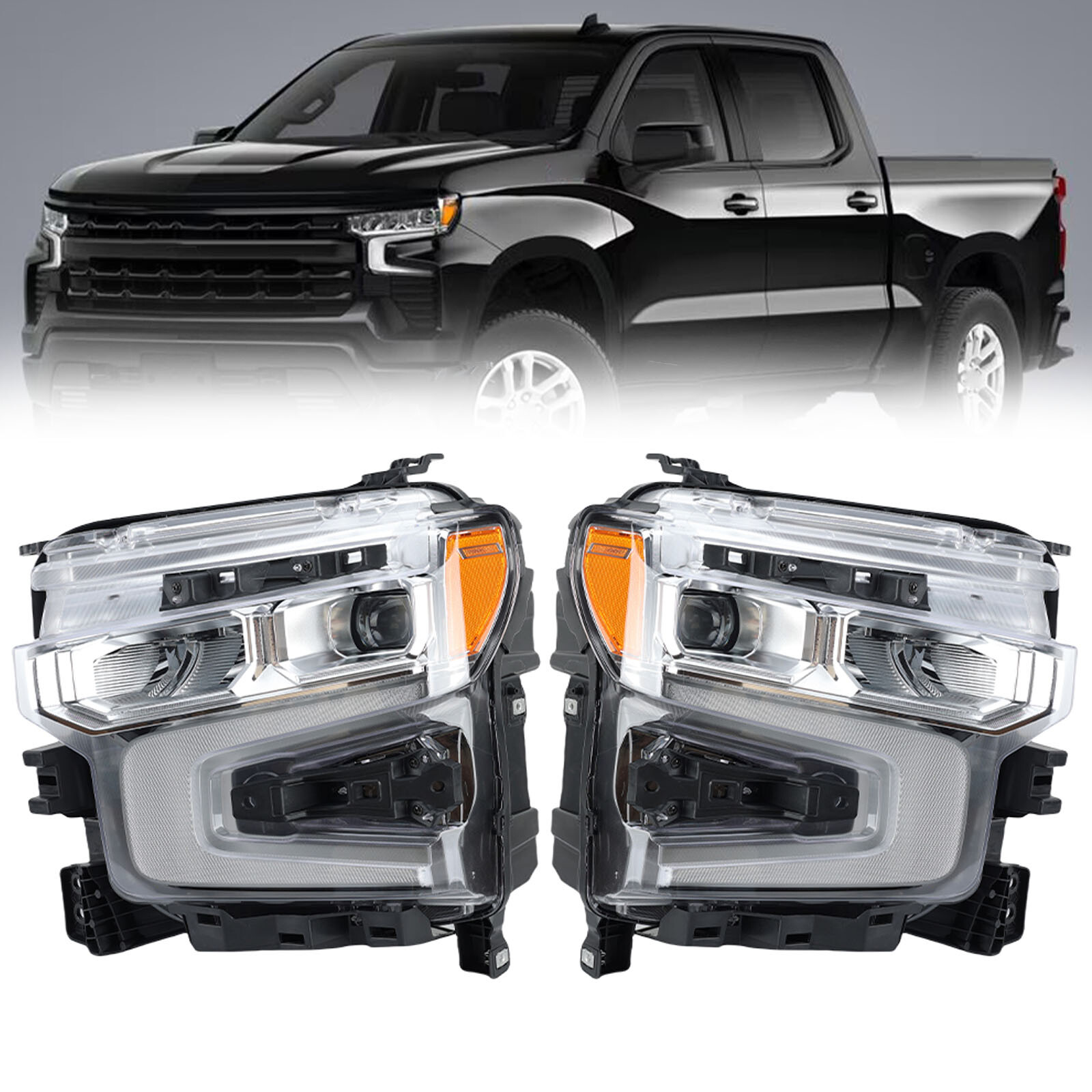 For Chevy Silverado 1500 LT/RST 22-24 PAIR Chrome Bezel Full LED Headlight Lamp