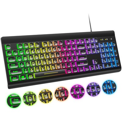 Large Print Backlit Keyboard USB Wired Computer Keyboard Full Size Keyboard w...