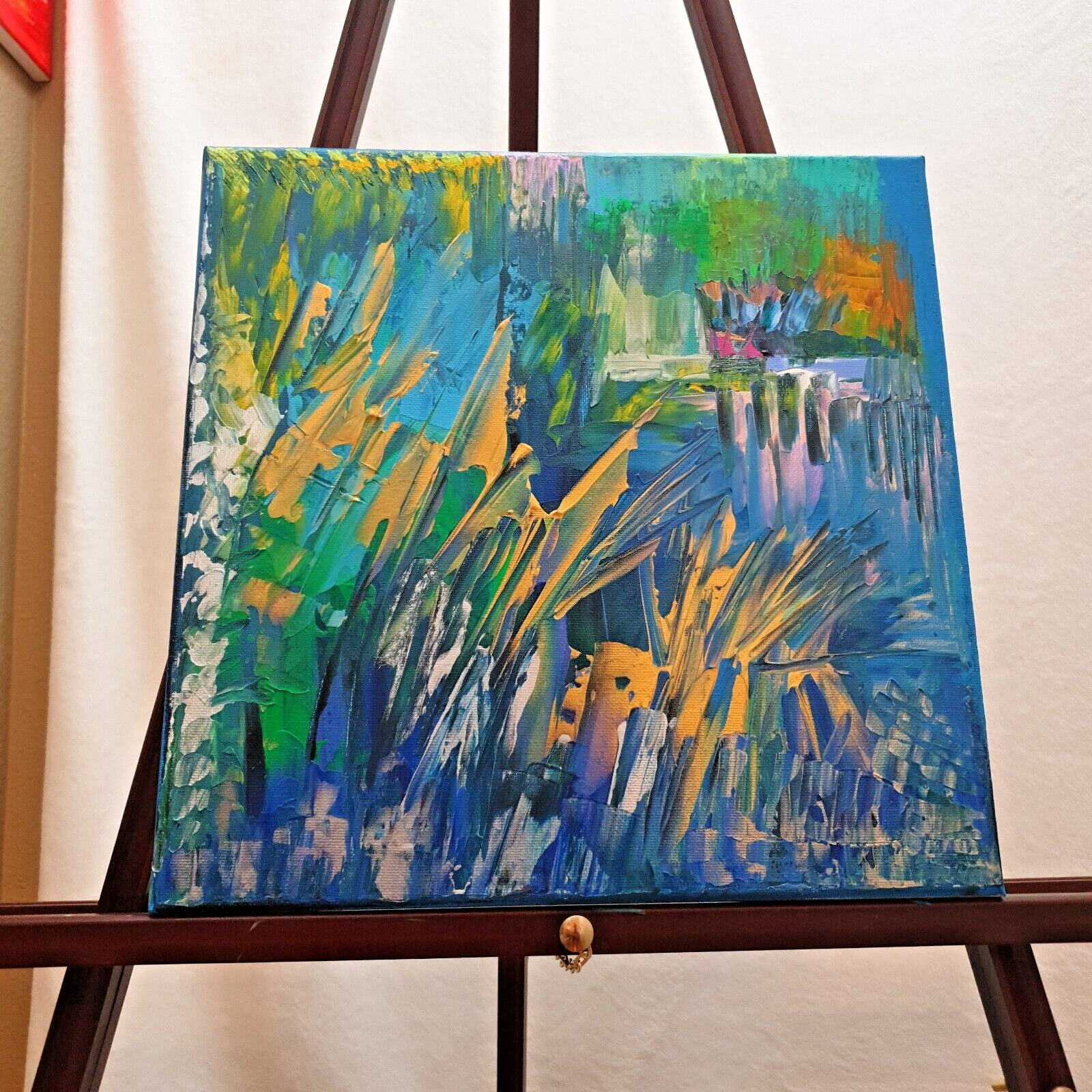 Golden Turqoise Shining Orig Abstract (See Video) Acrylic Painting Canvas 12x12