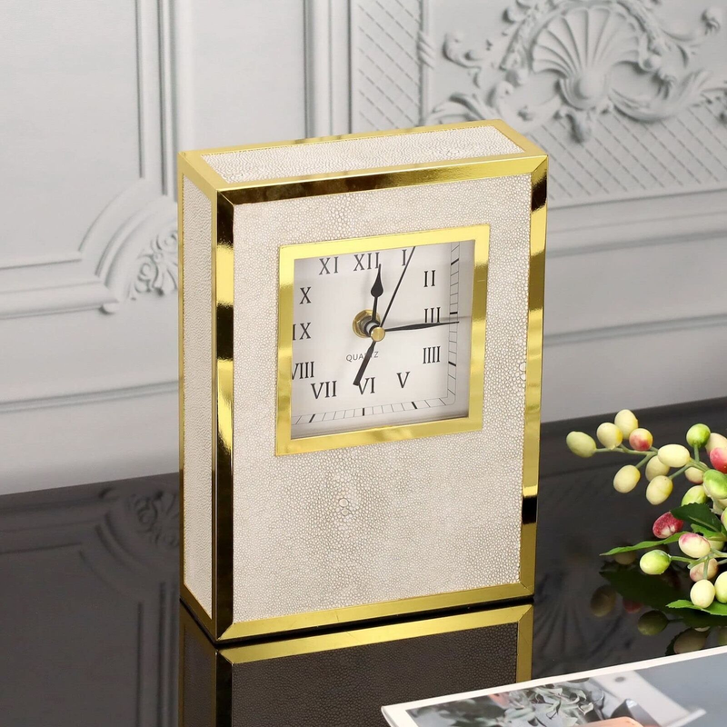Gold Table Clock,Shagreen Leather Mantel Clock for Fireplace