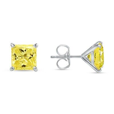 Pre-owned Shine Brite With A Diamond 3.5 Ct Princess Cut Canary Earrings Studs Solid 14k White Gold Push Back Martini