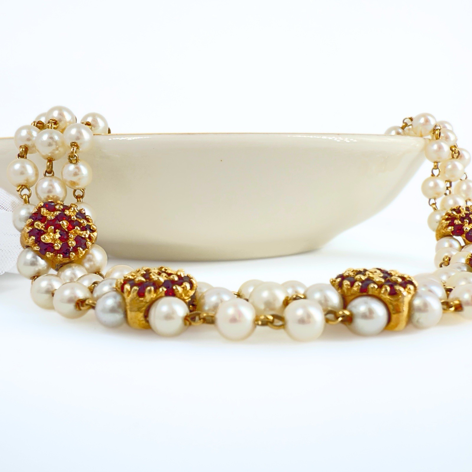 14k Gold Vintage Akoya Pearl 3-Row Bracelet & Garnet Slide Bracelet Charms - Picture 1 of 10