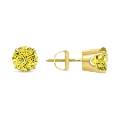 Pre-owned Shine Brite With A Diamond 3 Ct Round Cut Canary Earrings Crown Set Studs Solid 14k Yellow Gold Screw Back