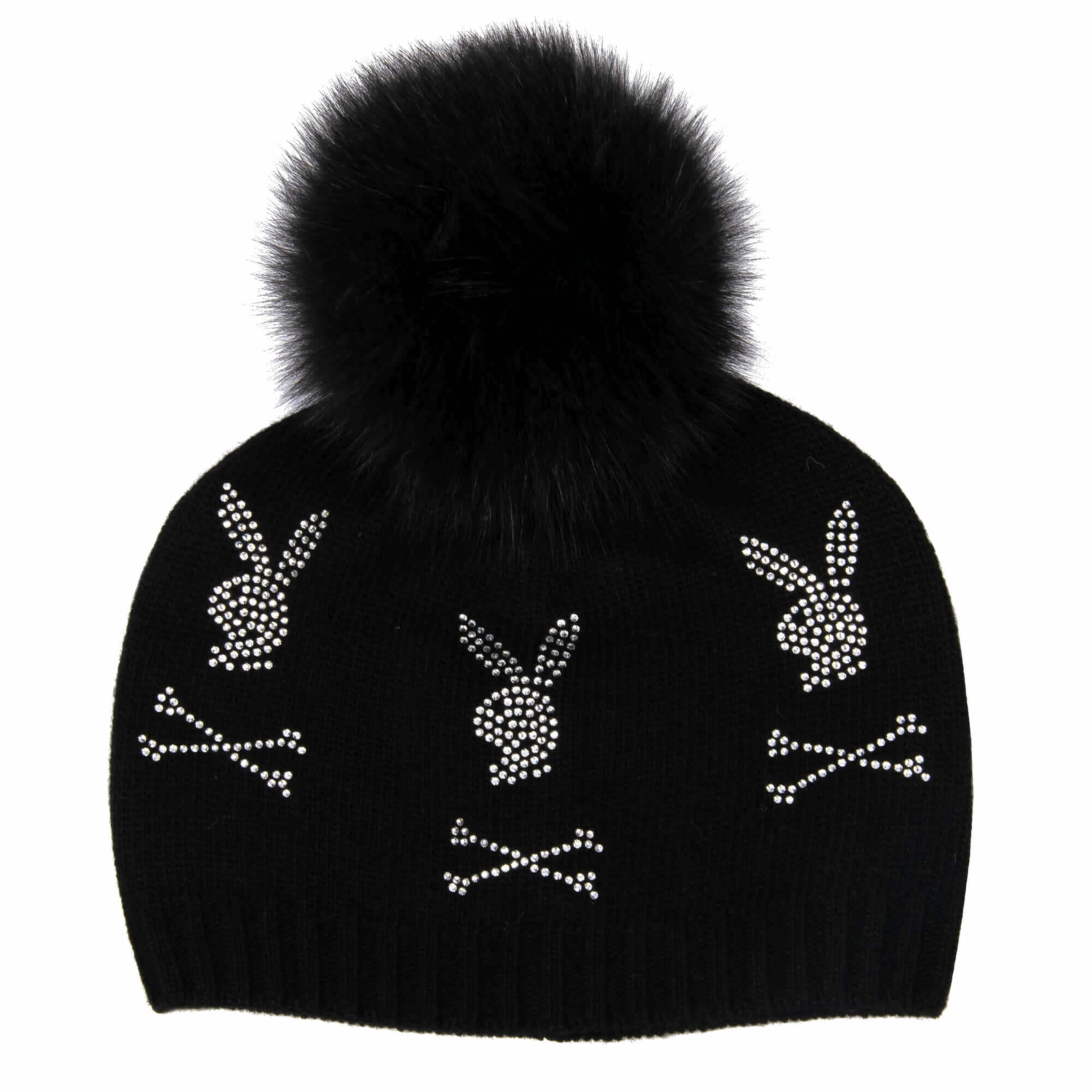 

PHILIPP PLEIN x PLAYBOY Шапка-бини из шерсти, кашемира и кристаллов лисы, черная 08425, Черный