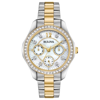 Bulova Women's Crystal Calendar Quartz Silver Stainless Steel Watch 34 MM 98N114