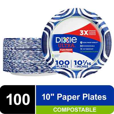 Dixie Ultra Compostable Paper Plates, 10 in, 100 Count, 3X Stronger, Multicolor