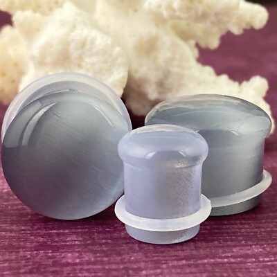 Grey Cat Eye Stone Single Flare Plugs (STN-744) set ear gauges PICK SIZE