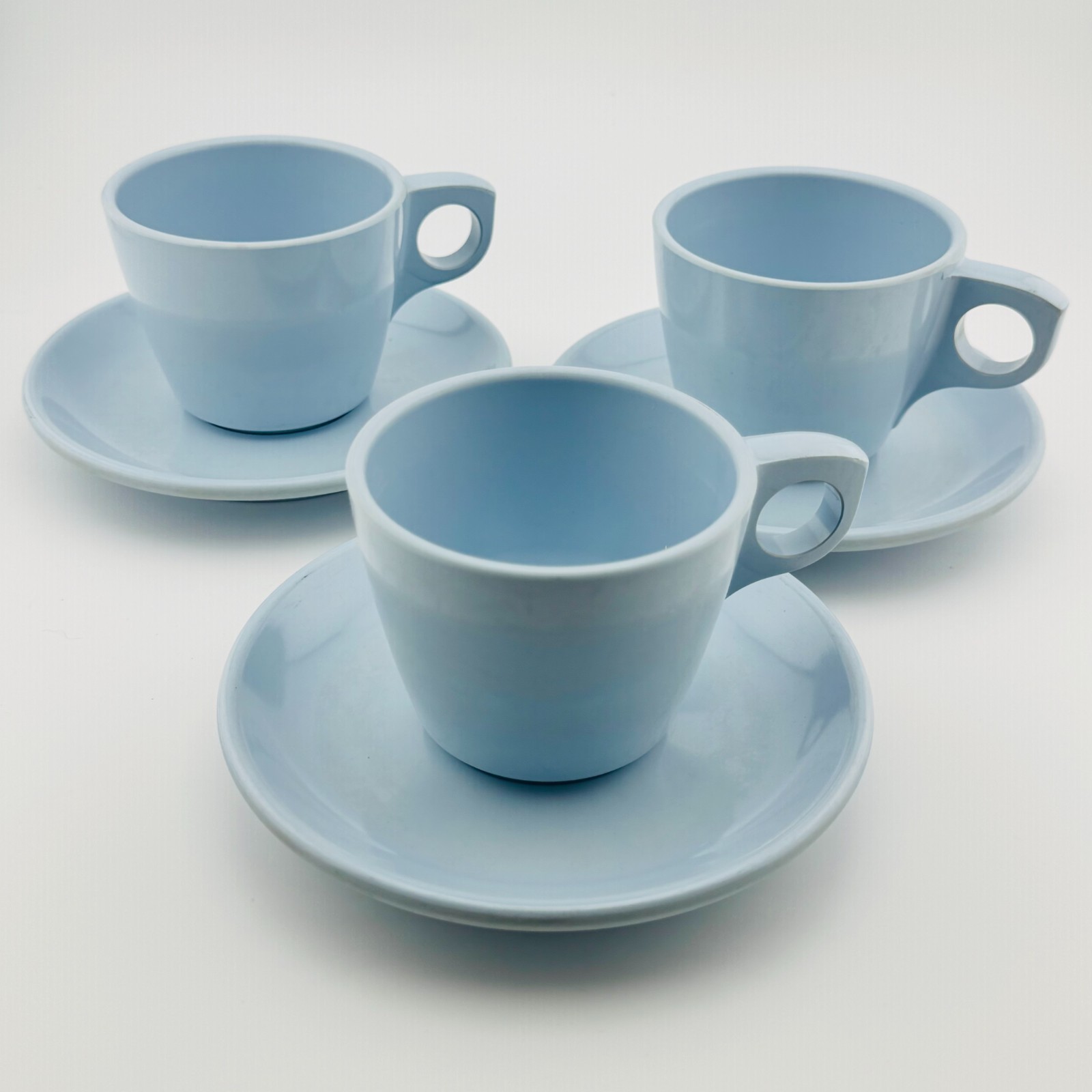 Boontonware Blue Demitasse Cups Saucers Set of 3 Melamine Made in USA