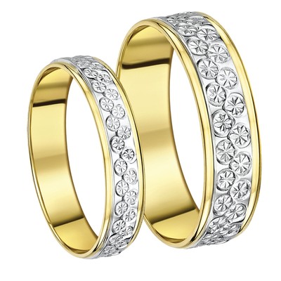 His & Hers set 5 & 6mm Two Colour 9ct Gold Wedding Ring Patterned wedding Bands