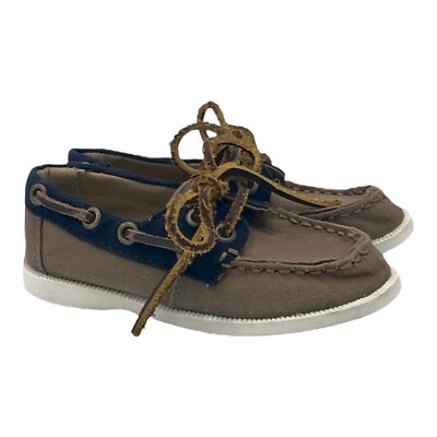 Janie and Jack Boat Shoes Loafers Brown Canvas Blue Leather Lace Little Boys 9