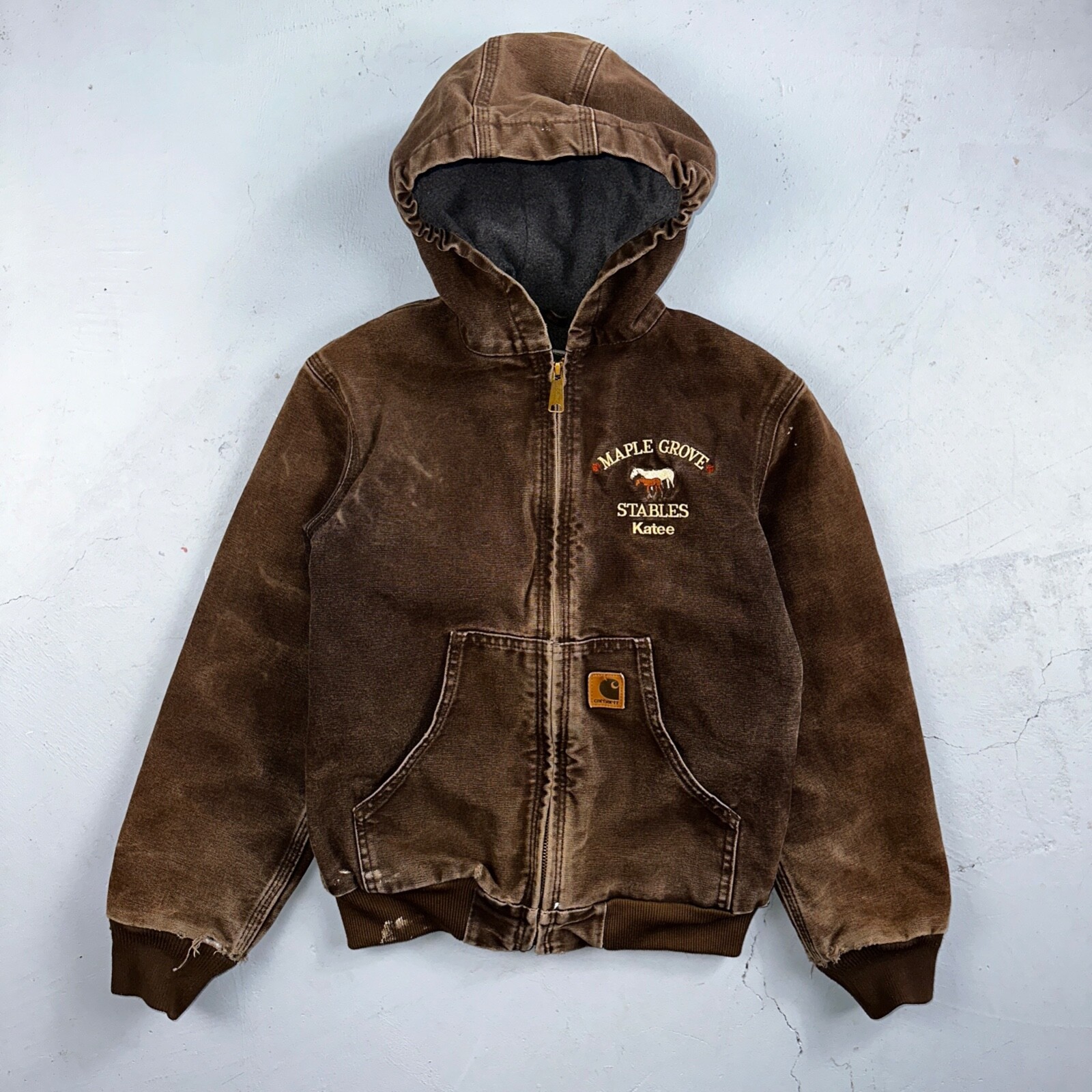 Carhartt Canvas Coat Bomber Jacket Workwear Hood Small Youth