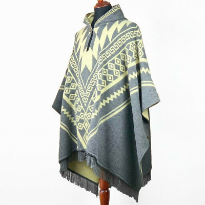 Alpaca wool Mens Unisex Hooded Poncho Aztec pattern all seasons boho hippie XXL
