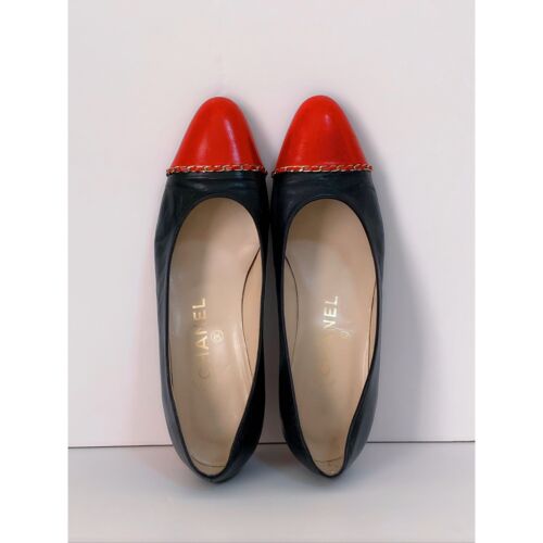 👠Vintage CHANEL Red /Navy Blue Bicolor Leather Shoes Pumps Flats Fit Sz 6,  6.5