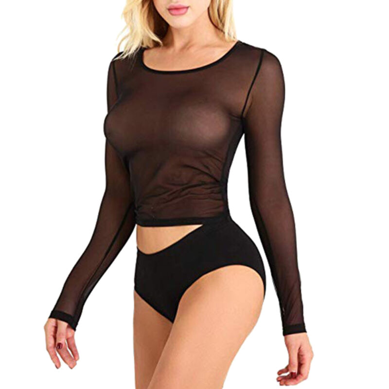 Sexy Women Long Sleeve Transparent Shirt Mesh Net Sheer Blouse