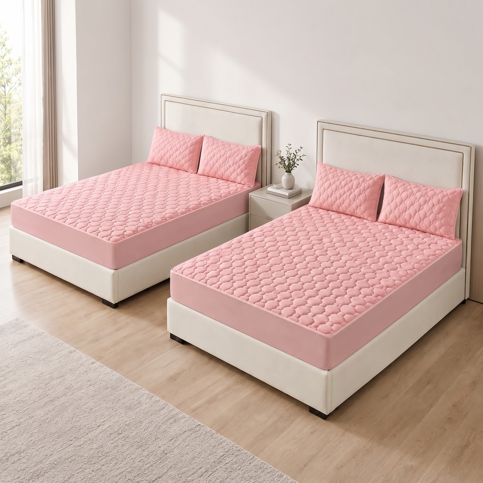SOGA 2 Pack Pink King Clover Quilted Fleece Mattress Cover Sets with 4 Pillowcas