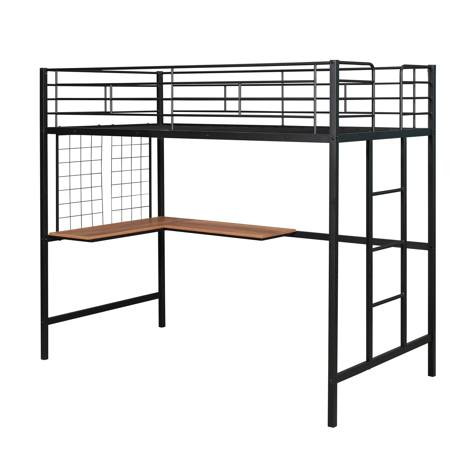 Modern Twin Size Metal Loft Bed Frame with Desk /Ladder and Metal Grid Black