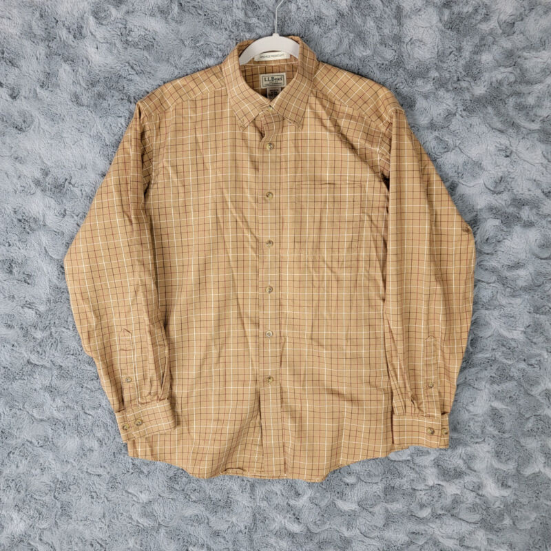 Ll Bean Shirt Mens Medium Brown Check Wrinkle Resistant Cotton Button Up