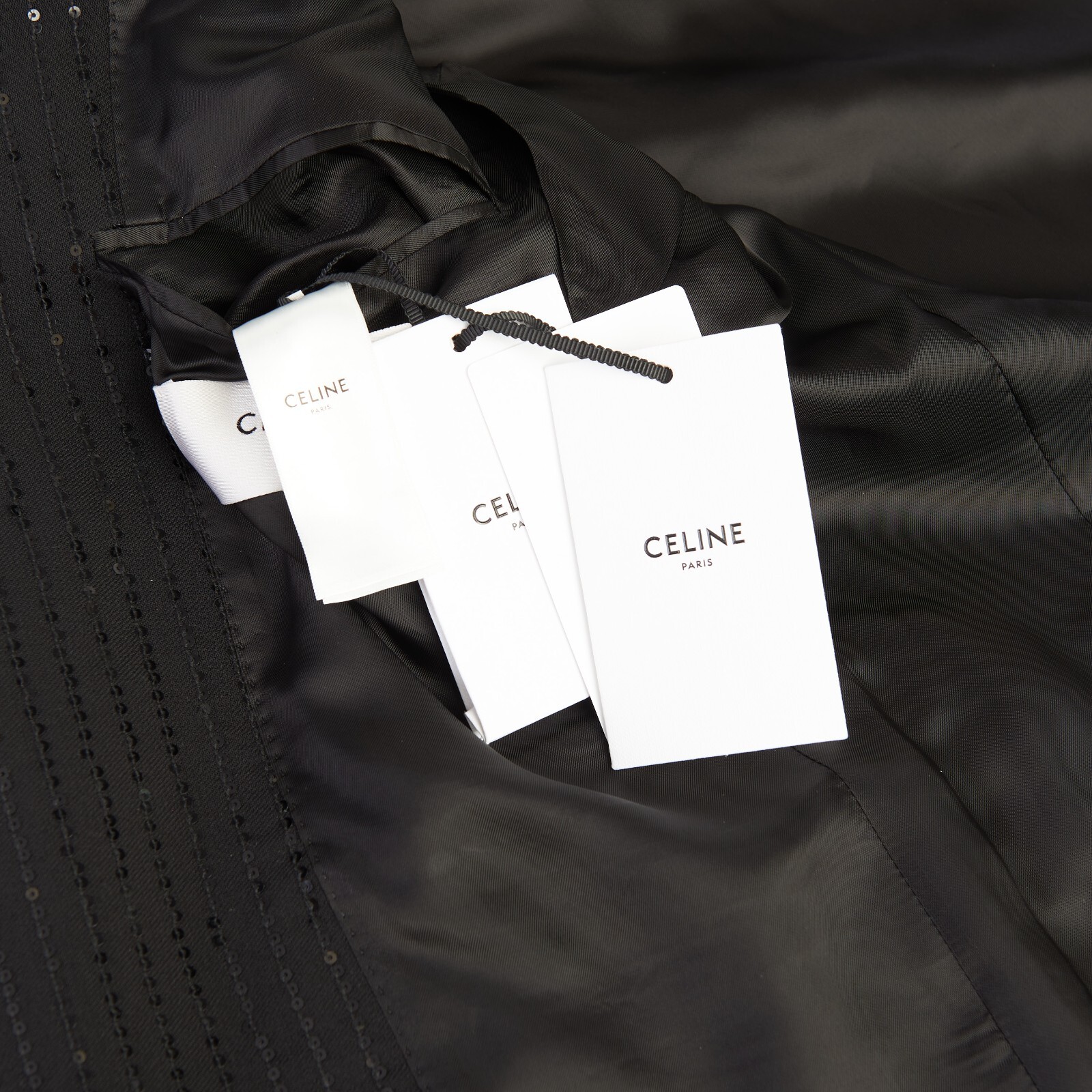 Pre-owned Celine 4350$ Black Blazer Jacket - Striped Sequin Embroidery, Wool Gabardine