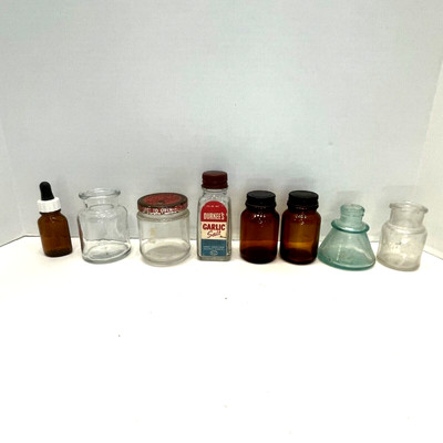 Lot of 8 Small Jars/Bottles Dark Amber Ink Baby Food Spice Vaseline Carters