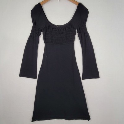 Vintage Bebe Black Peasant Dress Smocked Bell Sleeve Mini Dress XS NWT