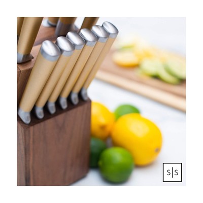 Gold Knife Set with Walnut Knife Block, 13-piece Kitchen Knives Stainless Ste...