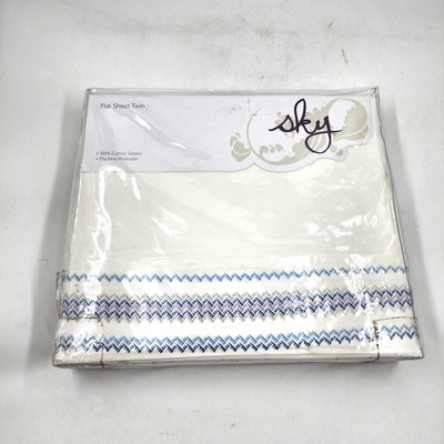 Sky Chevron Embroidered Flat Sheet, Twin White/Blue
