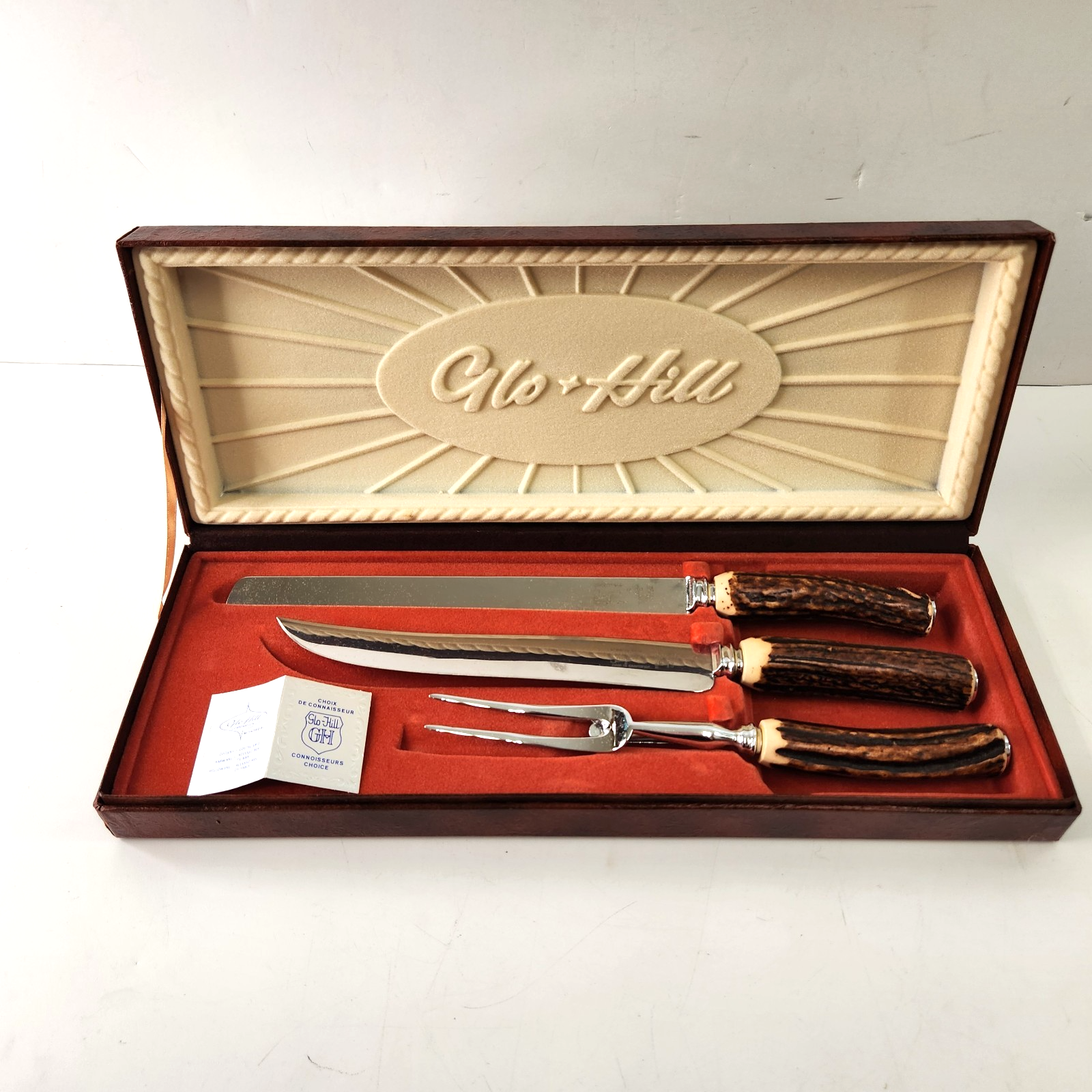 Glo-Hill 3 Piece Carving Set Stagmaster Bakelite Handles Canada Vtg w/ Case