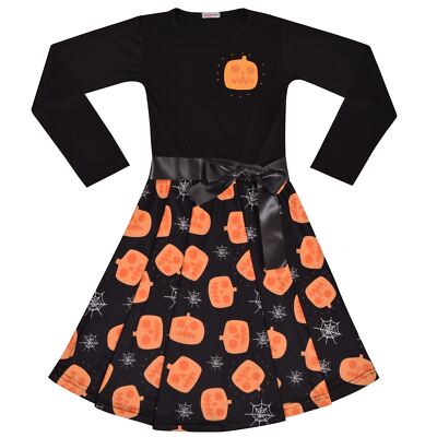 Kids Girls Skater Black Panelled Pumpkins And Spider Web Print Halloween Dresses