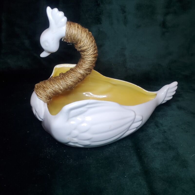 Ceramic Long Neck Swan With Rope Twine Wrapped Neck Candy Trinket Dish Unbranded