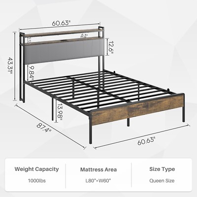 Redlife Queen/Full Size Bed Frame with Storage Headboard & Charging Station