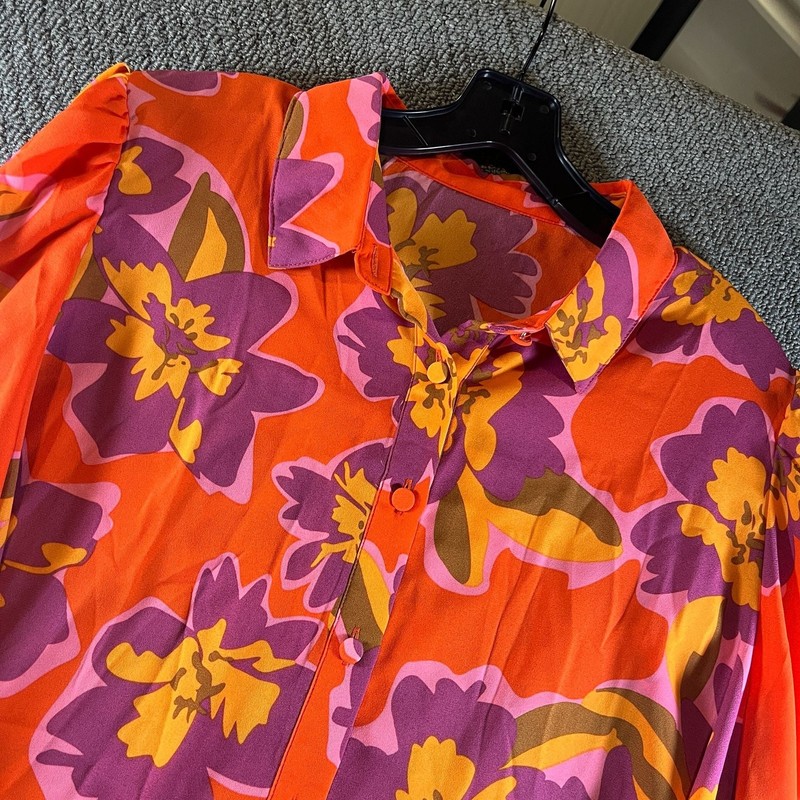Women's Orange Floral Print Lantern Long Sleeve Button Down Blouse Shirt