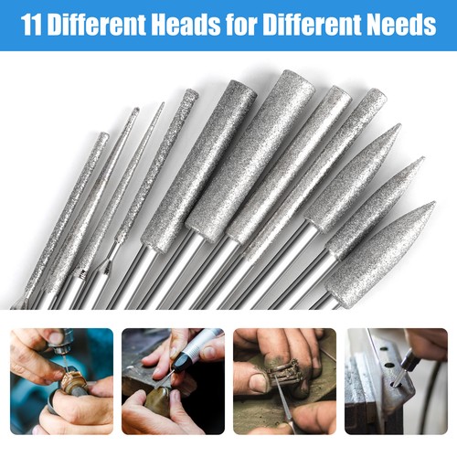 11Pcs 1/8" Diamond Burr Bit Set Cutting Carving Grinding for Dremel Rotary Tools