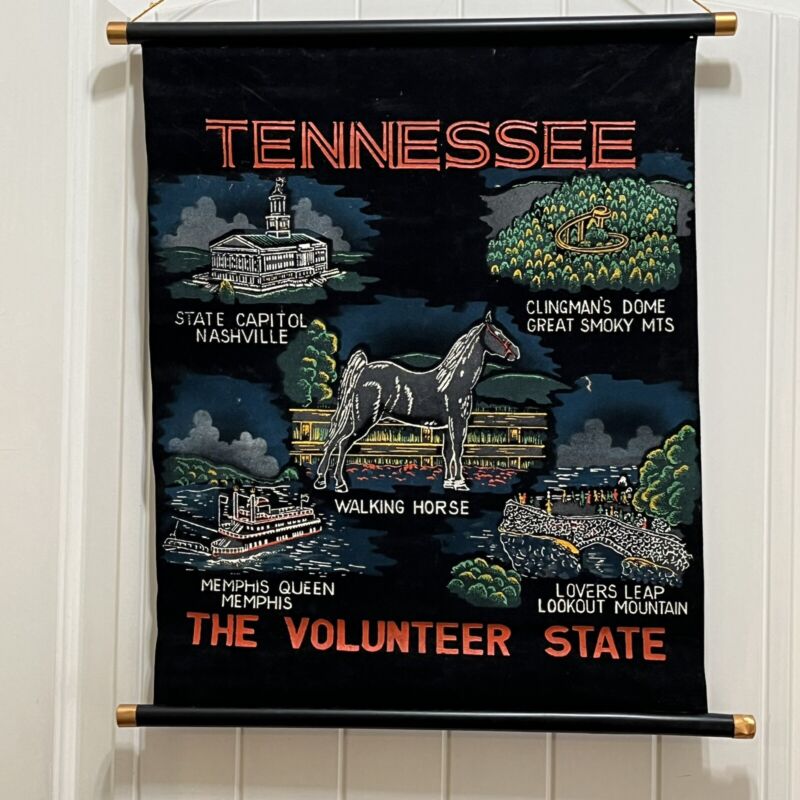 Vintage Tennessee Souvenir Black Velvet Wall Hanging Scroll Banner Made In Japan