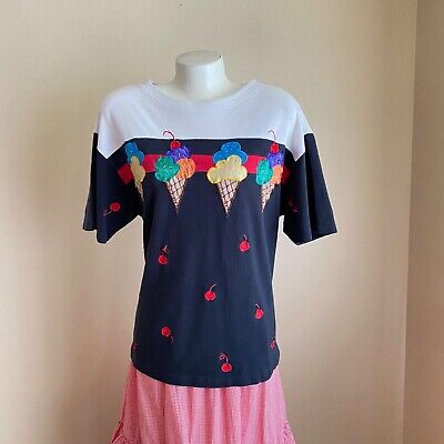 Vintage Bechamel L Blouse with Ice Cream Cones and Cherries Embroidered Beaded