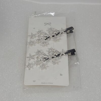 Rhinestone Flower Hair Barrettes Clips Pack of 2 Silver Tone