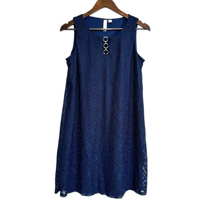 Tacera A-Line Shift Dress PM Navy Eyelet Geometric Medallion Boho Western NWOT