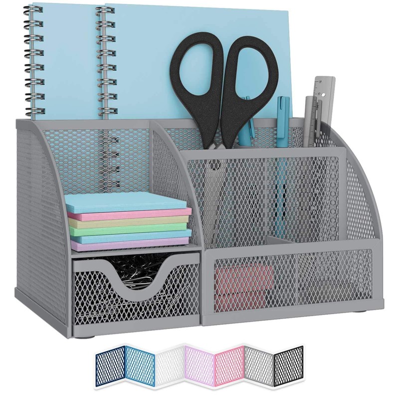 NEATERIZE Desk Top Organizer 6 Compartments w/1 Drawer Metal Mesh