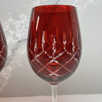 Pier 1 Ruby Red Etched CrissCross Vertical Cuts Wine Glasses set of 2