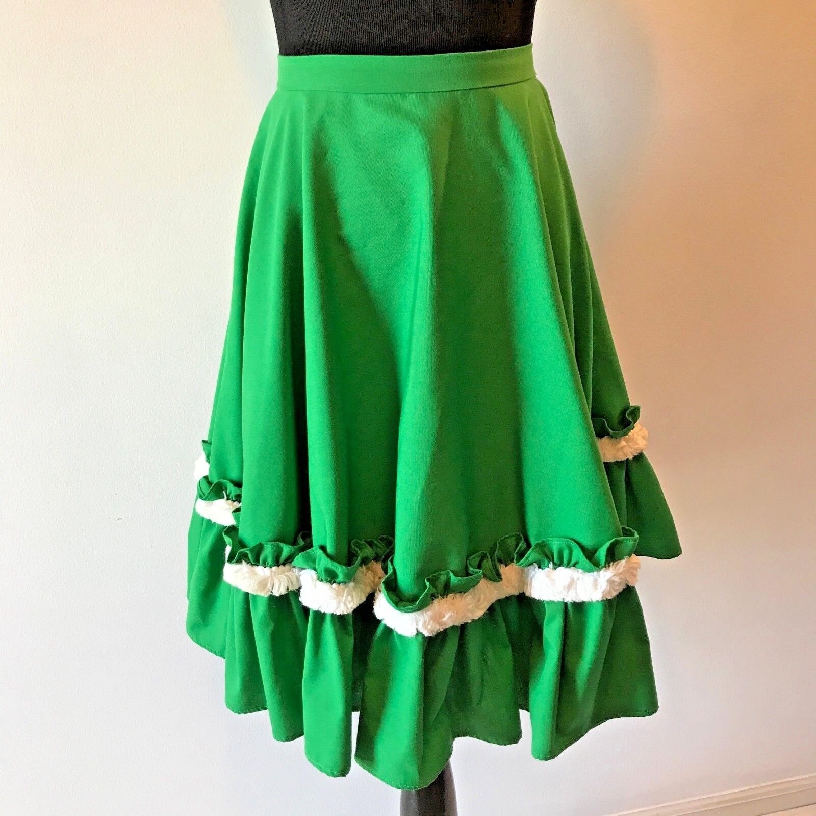 Vintage Square Dance Skirt size XS Green White Fringe Trim A-L...