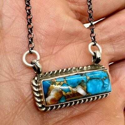 Navajo Turquoise Bar Necklace 17'' Signed Augustine Largo Sterling 7.6g