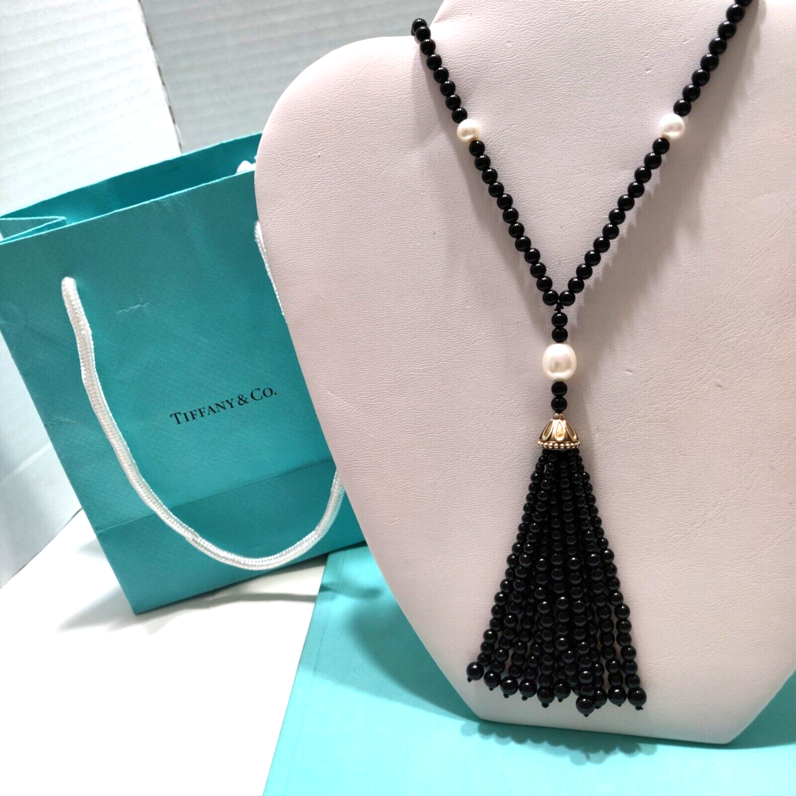 NEW Tiffany Co Ziegfeld Onyx Pearl Tassel Necklace 32