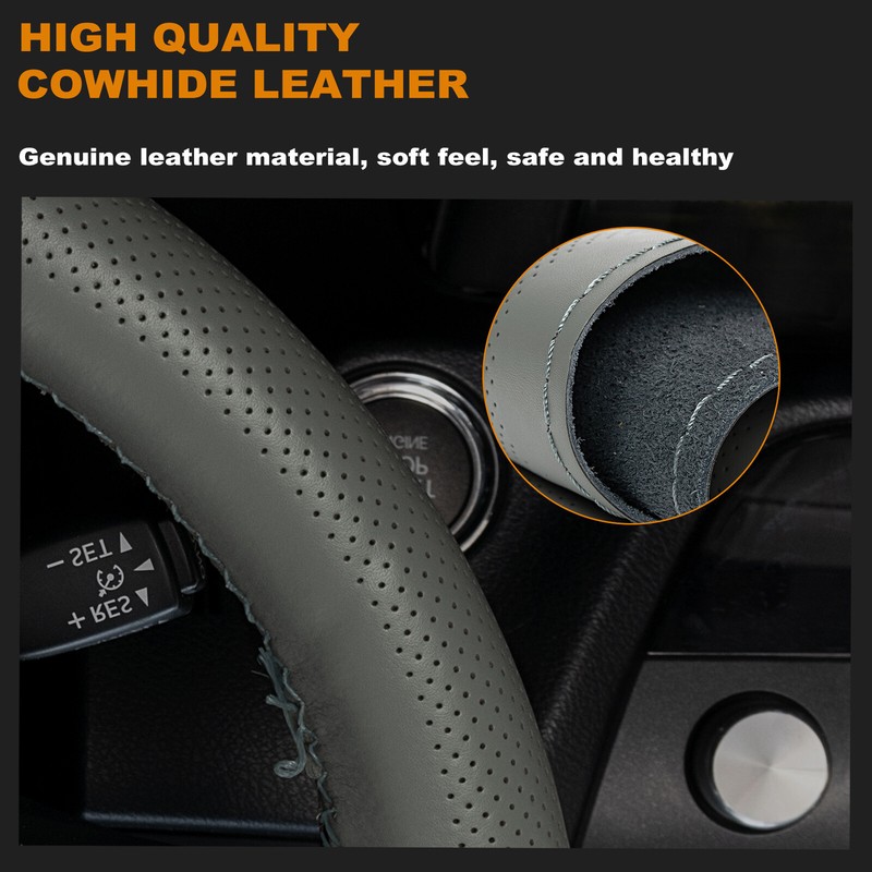15'' Grey Genuine Leather DIY Car Steering Wheel Cover Breathable Anti-slip &
