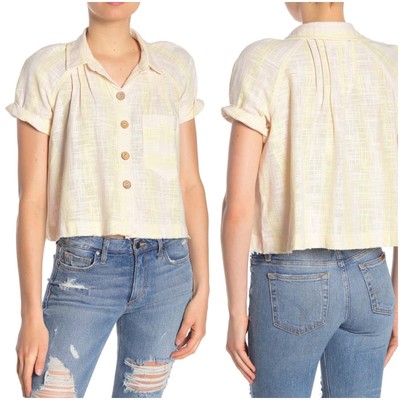 FREE PEOPLE Women's Size S First Light Linen Away at Sea Yellow Striped Top