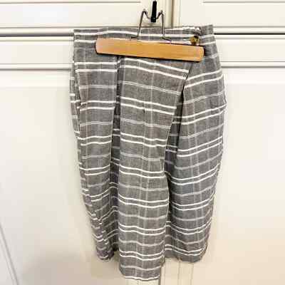 Merlot Women s Cotton Plaid Grey Skorts Long  Lagenlook Pockets Bermuda Culotte 