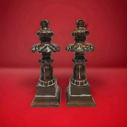 Decor Sculpture Wood Hand Carved Tabletop Decoration - Set of 2 Pillars I1