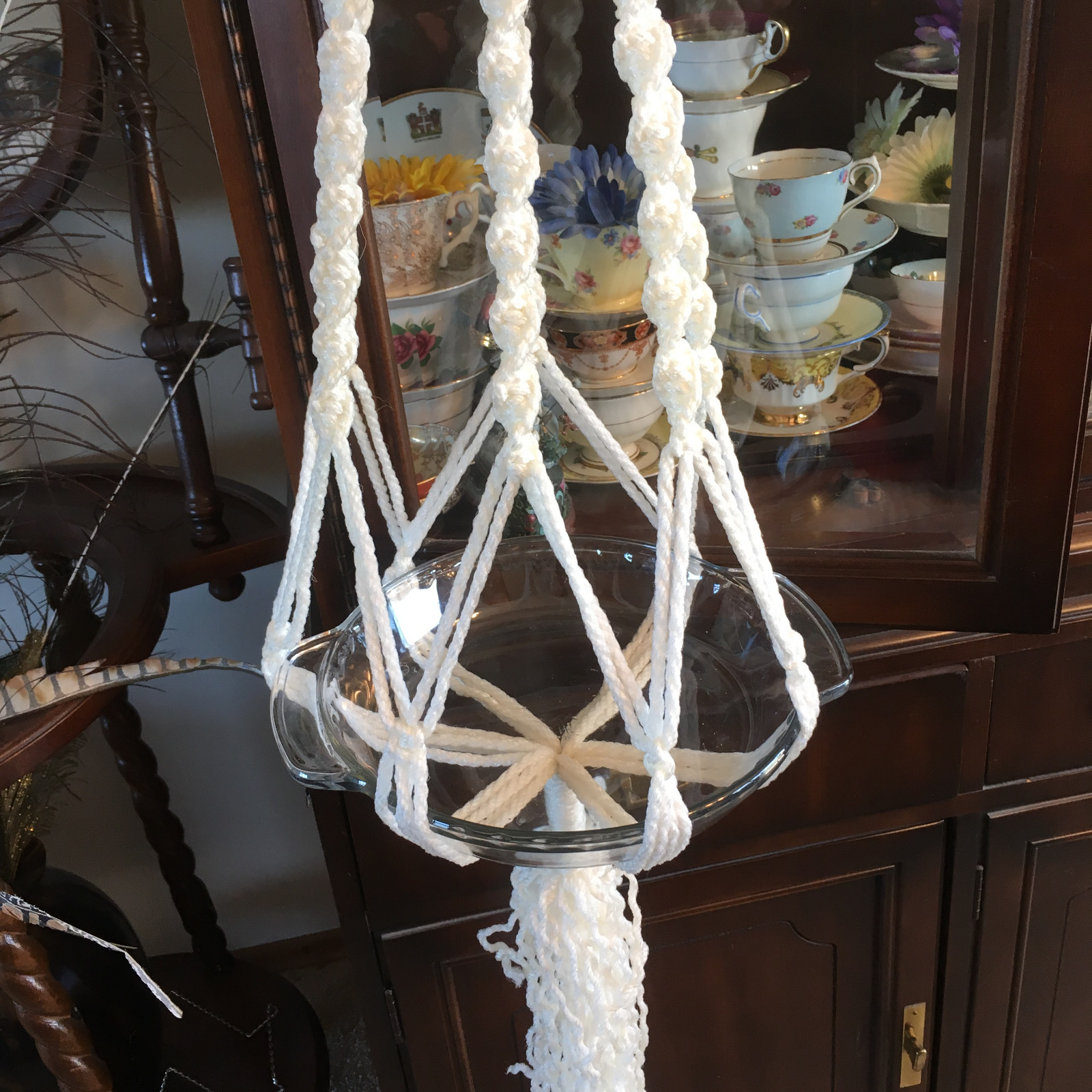 Vintage Macrame Plant Holder Handmade Single Holder Retro White
