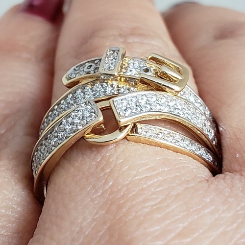 Pre-owned Buckle Wide Real 14k Yellow Gold Belt  Ring Size 56789 1.5 Carat Cz In White