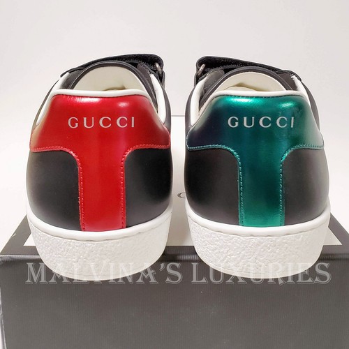 Pre-owned Gucci Sneakers Mens Web Ace Straps Logo Heel Black Leather Shoes Sz 8g 8.5