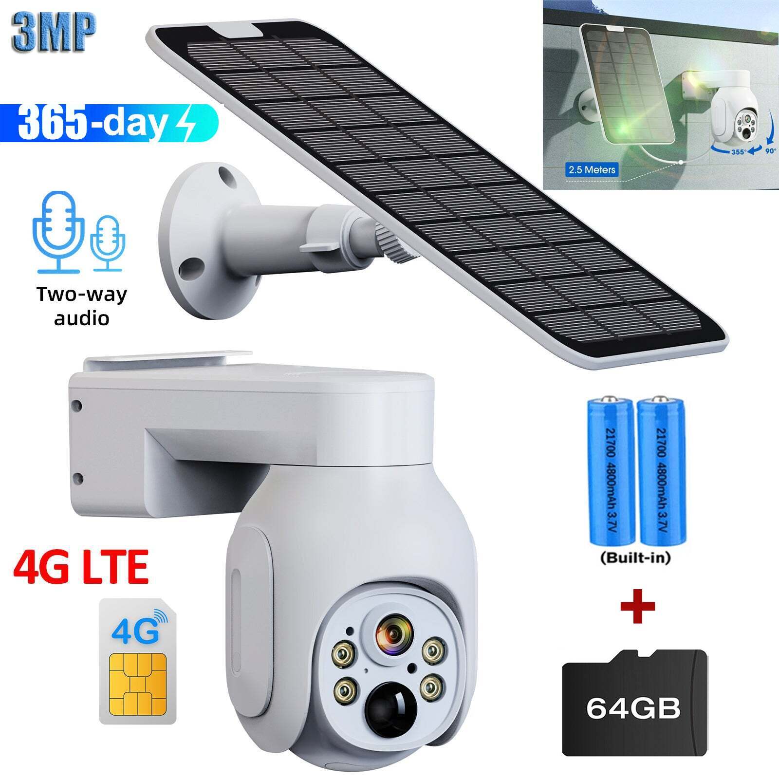 Solar Battery Powered 4G LTE Cellular Security Camera Pan/Tilt with SIM Card 3MP