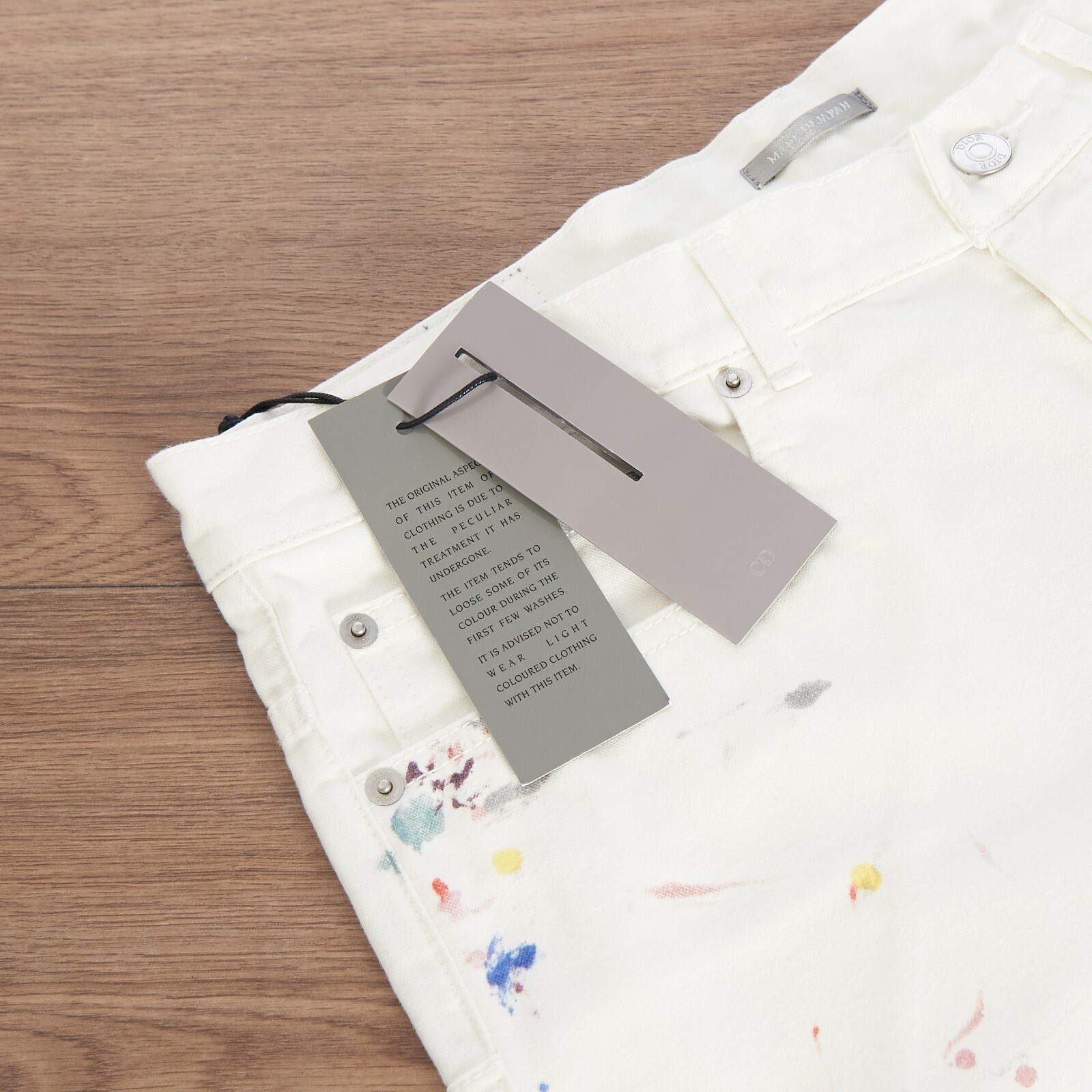 Pre-owned Dior 1200$ Slimfit White Cotton Denim Jeans - Multicolor Paint Spots, Pants